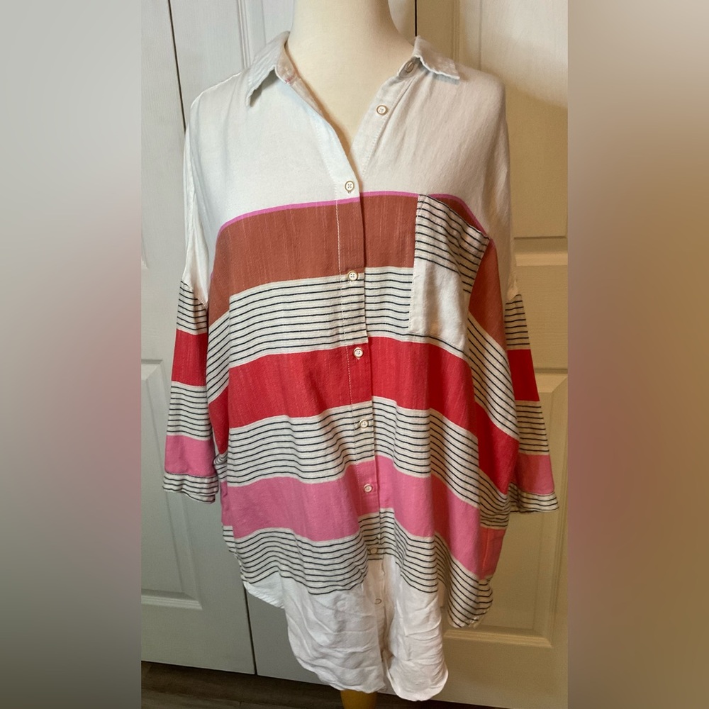 Holding Horses Anthropologie White Tan Pink Shirt Tunic Long Top‎ Medium Large